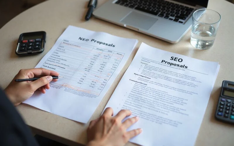 A small business owner comparing two printed SEO proposals side by side at a desk with a laptop and a notebook of questions
