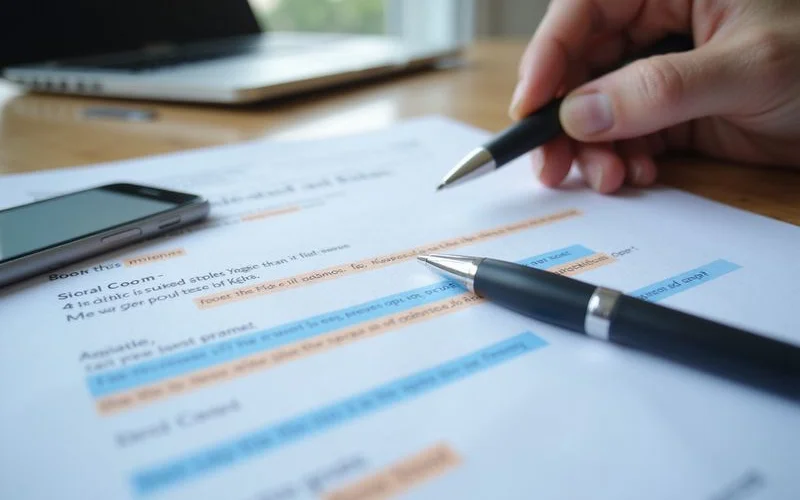 A contract page with highlighted clauses on deliverables, ownership and termination beside a pen and a cup of coffee