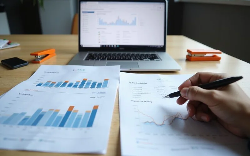 A split desk scene showing a paid search ad dashboard on one monitor and an organic ranking report on the other