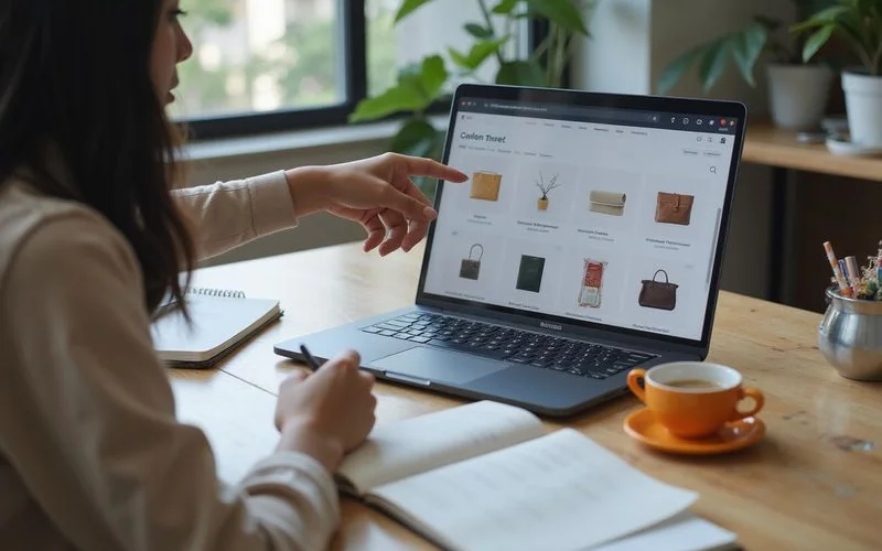 An online store owner reviewing a product category page on a laptop beside boxes of stock and a notebook of keywords