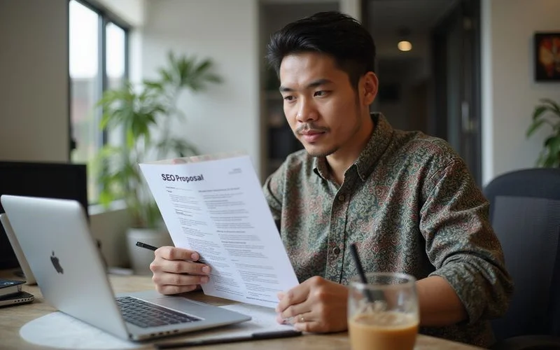 A small shop owner and an SEO consultant reviewing a printed proposal together across a cafe table with a laptop open