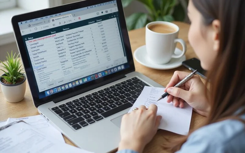 A marketer reading through a spreadsheet of outreach targets with relevant websites highlighted and irrelevant ones crossed out