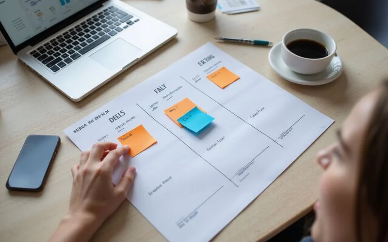 A wall calendar divided into three months with sticky notes for audit, fixes, content and the first report review